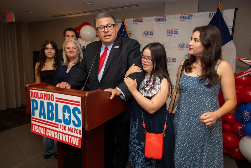 San Antonio mayoral candidate Rolando Pablos concedes to Gina Ortiz Jones at his watch party in The Old Spanish Ballroom at Drury Inn near La Cantera, June 7.